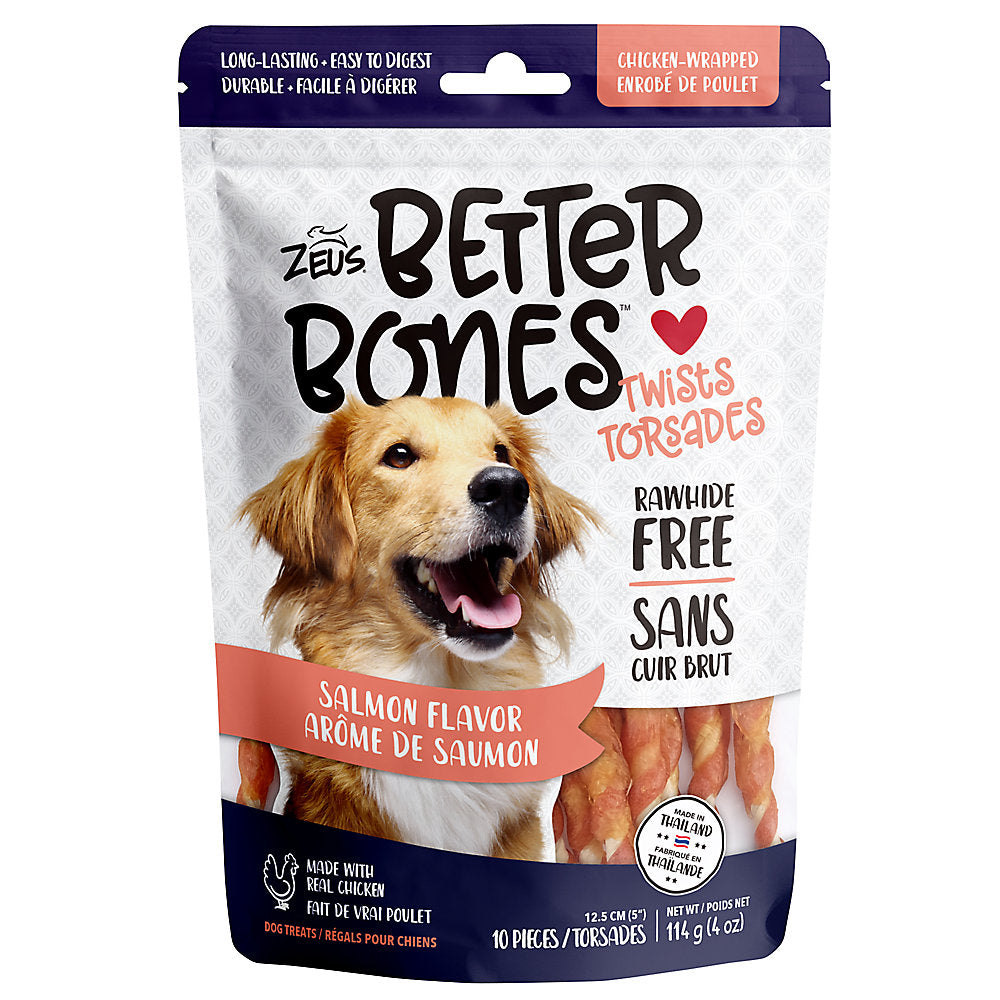 Zeus Better Bones Rawhide Free Twists Dog Treats - Salmon Flavour, Chicken Wrapped